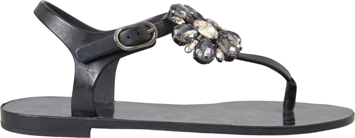 Dolce & Gabbana Black Crystal Flats Sandals Flip Flops Shoes