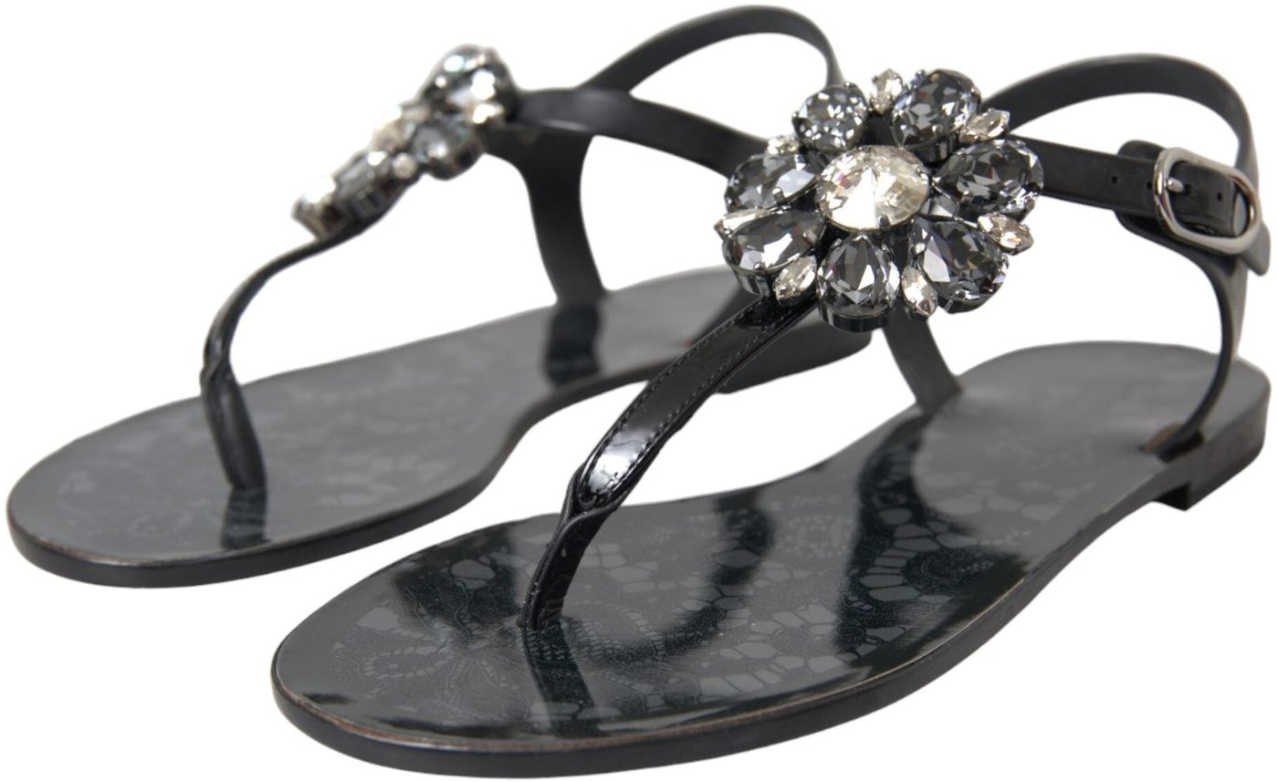 Dolce & Gabbana Black Crystal Flats Sandals Flip Flops Shoes