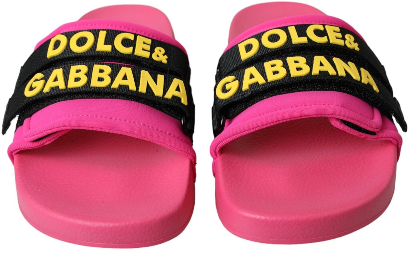 Dolce & Gabbana Pink Black Logo Beachwear Flats Sandals Shoes
