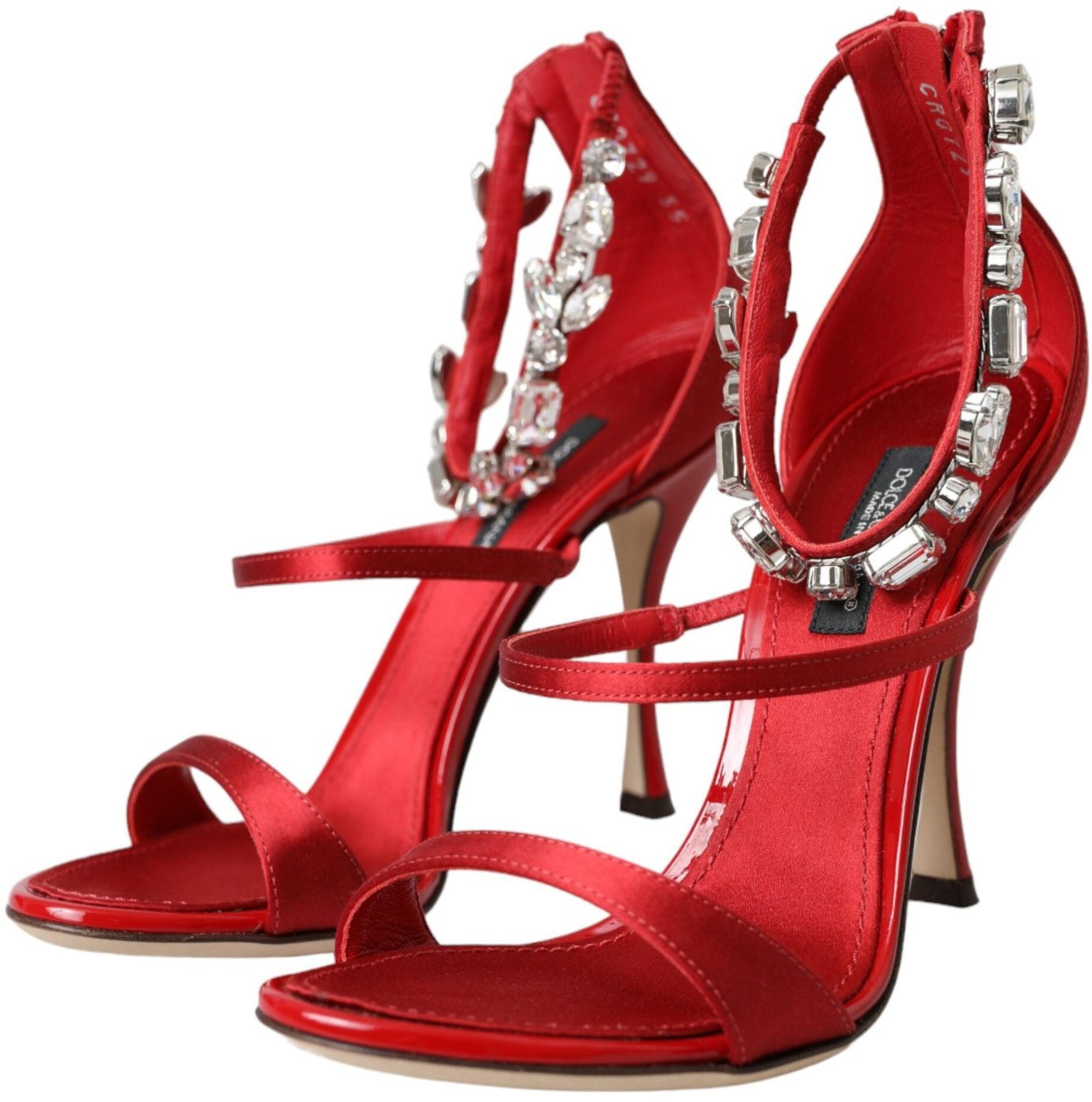 Dolce & Gabbana Red Keira Satin Crystals Sandals Heels Shoes
