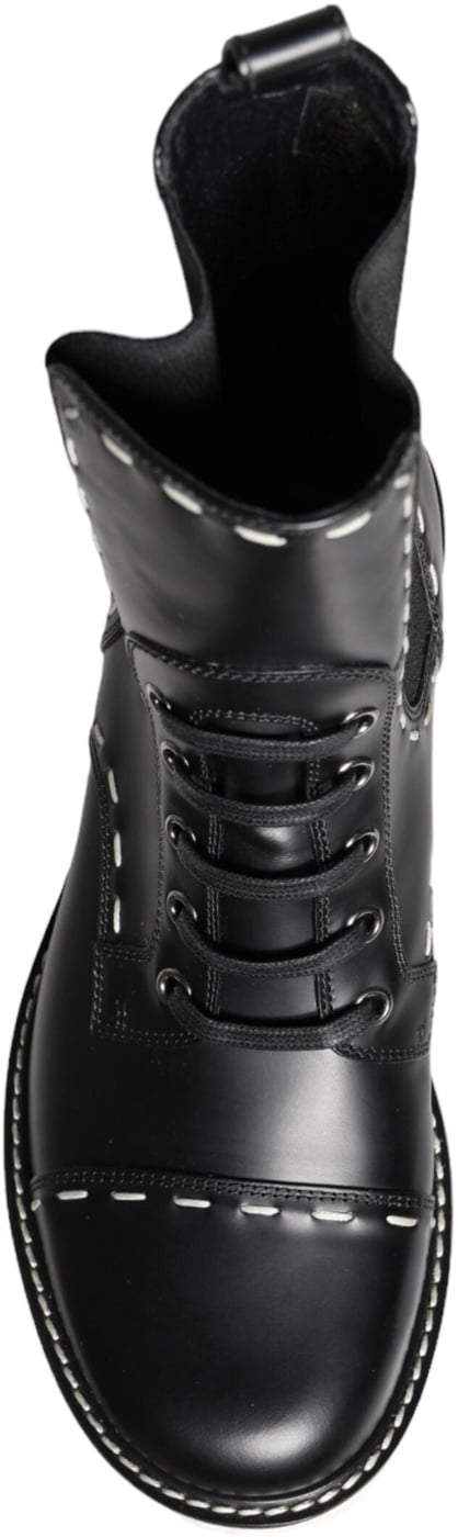 Dolce & Gabbana Black Leather Combat Mid Calf Boots Shoes