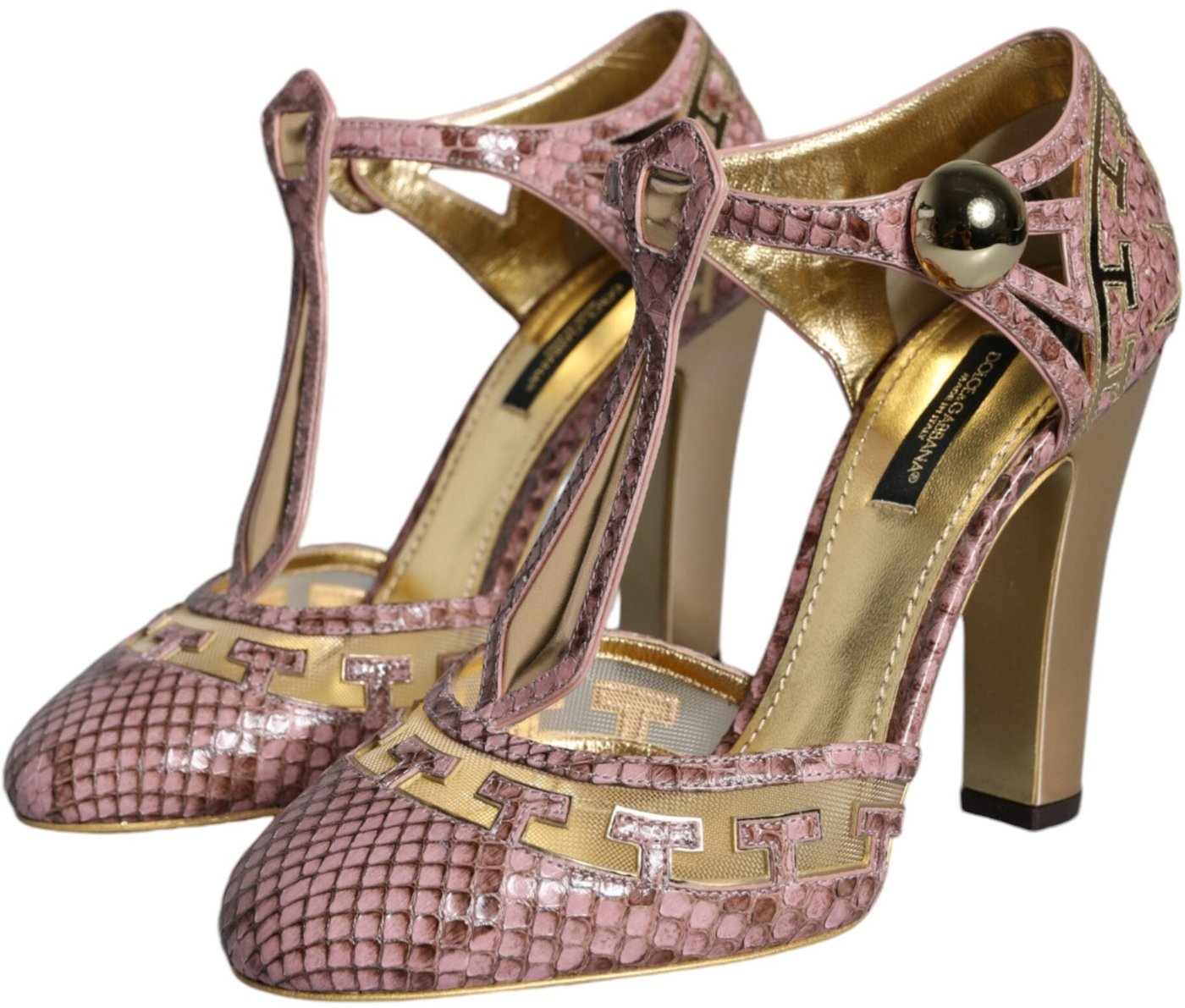 Dolce & Gabbana Pink Gold Leather Pumps T-strap Sandals Shoes