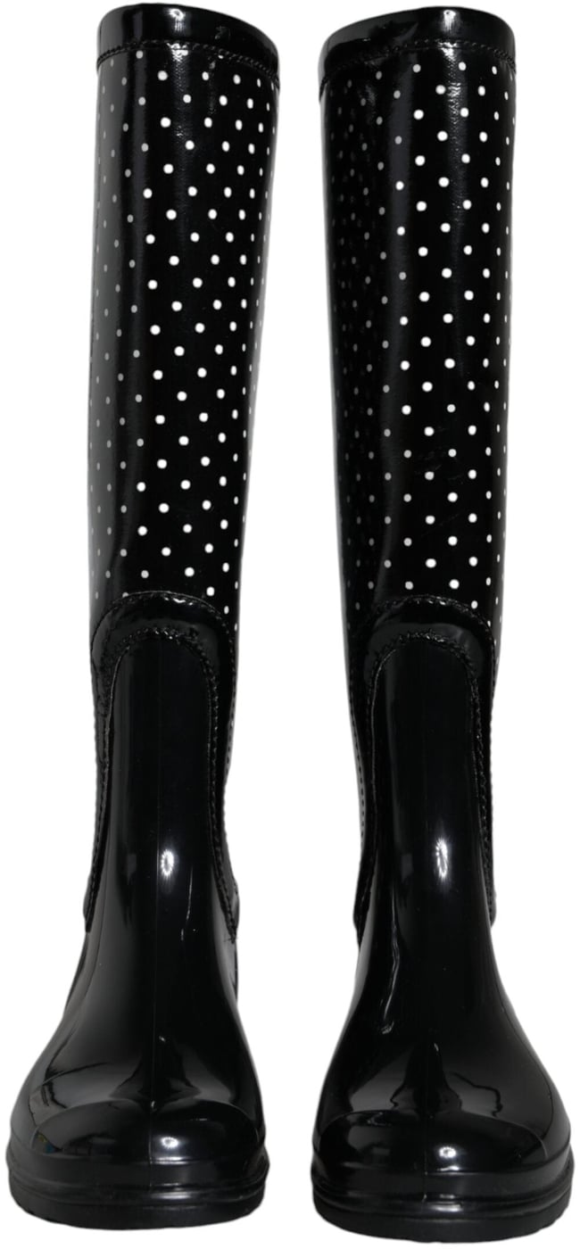 Dolce & Gabbana Black Polka Dot Rubber Knee High Boots Shoes