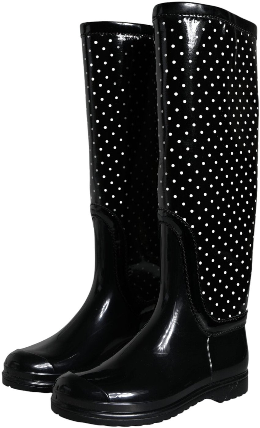 Dolce & Gabbana Black Polka Dot Rubber Knee High Boots Shoes