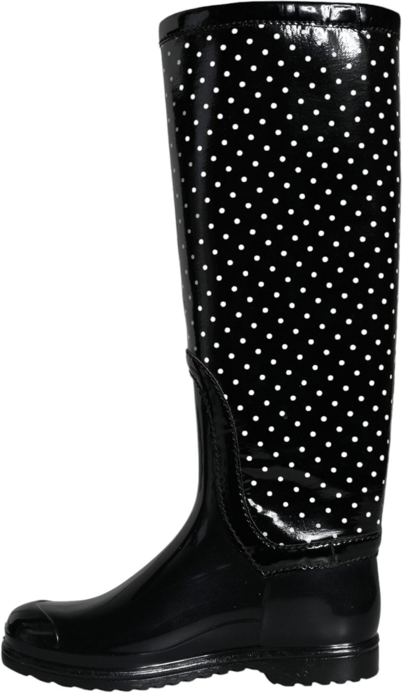 Dolce & Gabbana Black Polka Dot Rubber Knee High Boots Shoes