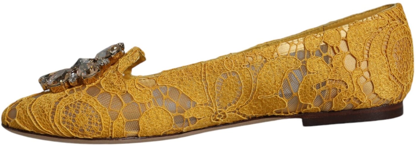 Dolce & Gabbana Mustard Lace Crystal Ballet Flats Loafer Shoes
