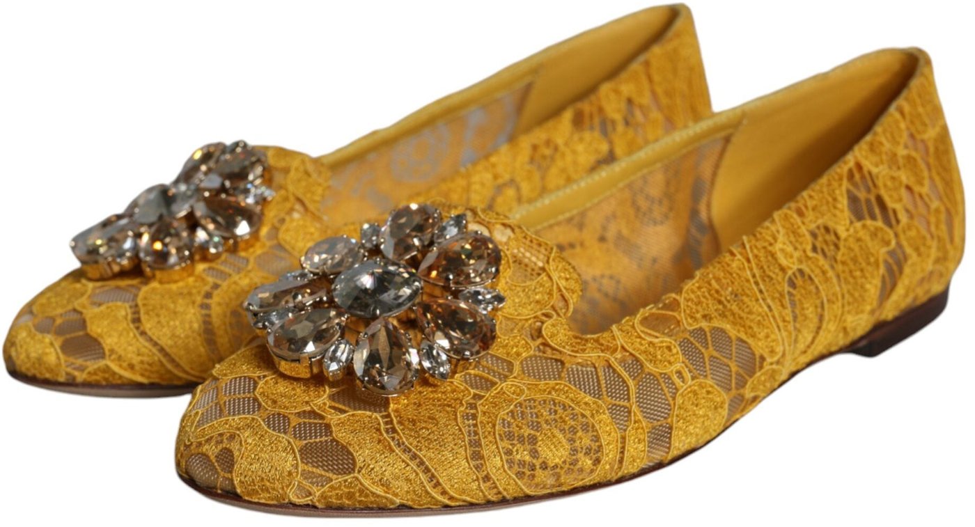 Dolce & Gabbana Mustard Lace Crystal Ballet Flats Loafer Shoes