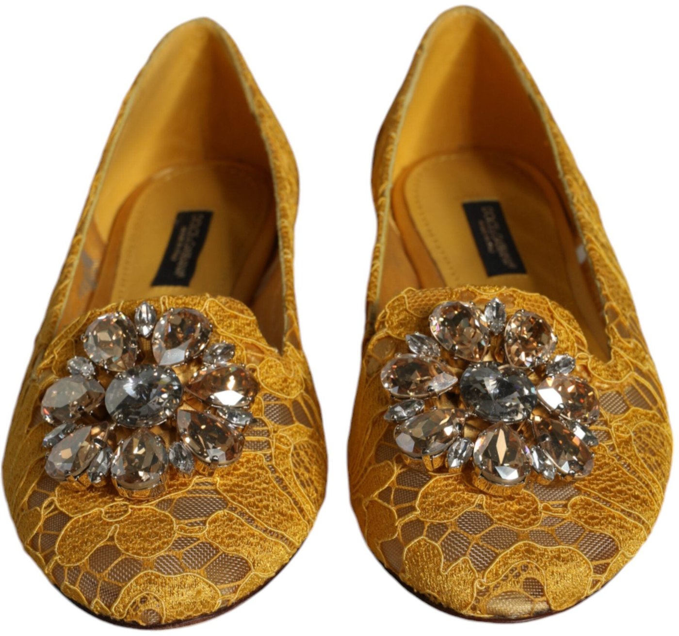 Dolce & Gabbana Mustard Lace Crystal Ballet Flats Loafer Shoes