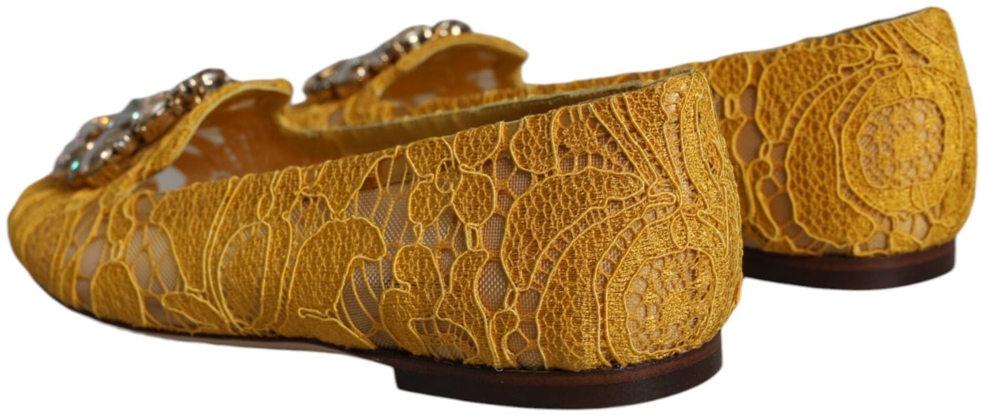 Dolce & Gabbana Mustard Lace Crystal Ballet Flats Loafer Shoes