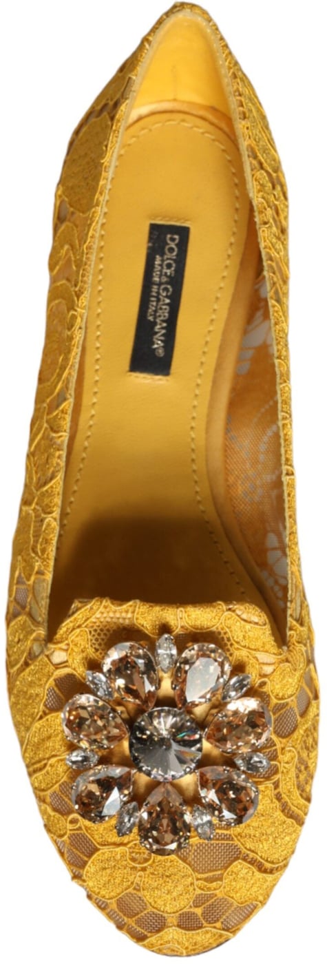 Dolce & Gabbana Mustard Lace Crystal Ballet Flats Loafer Shoes