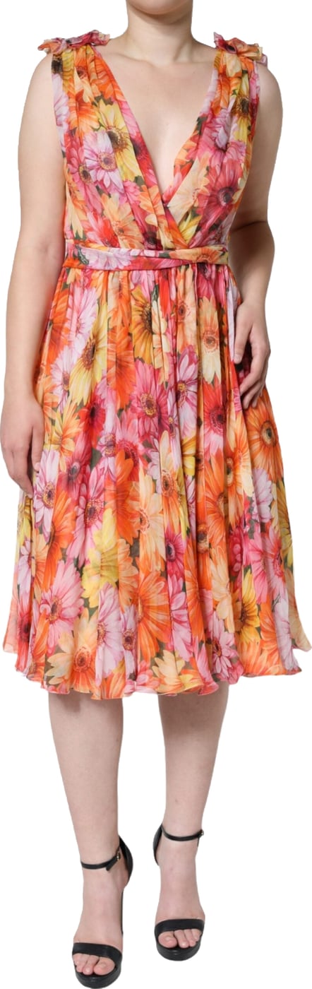 Dolce & Gabbana Multicolor Floral Sleeveless V-neck Midi Dress