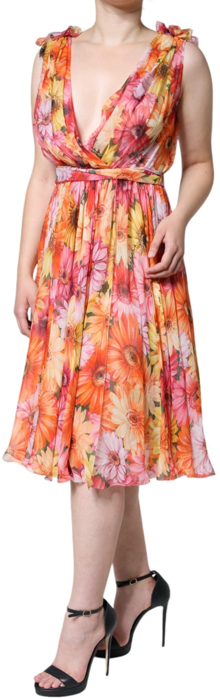 Dolce & Gabbana Multicolor Floral Sleeveless V-neck Midi Dress