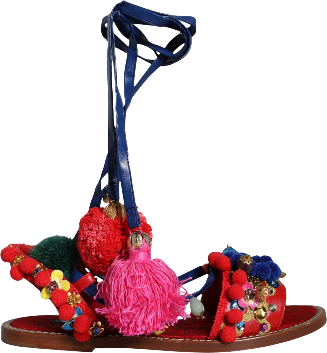 Dolce & Gabbana Multicolor Pom Pom Fur Wrap Sandals Shoes