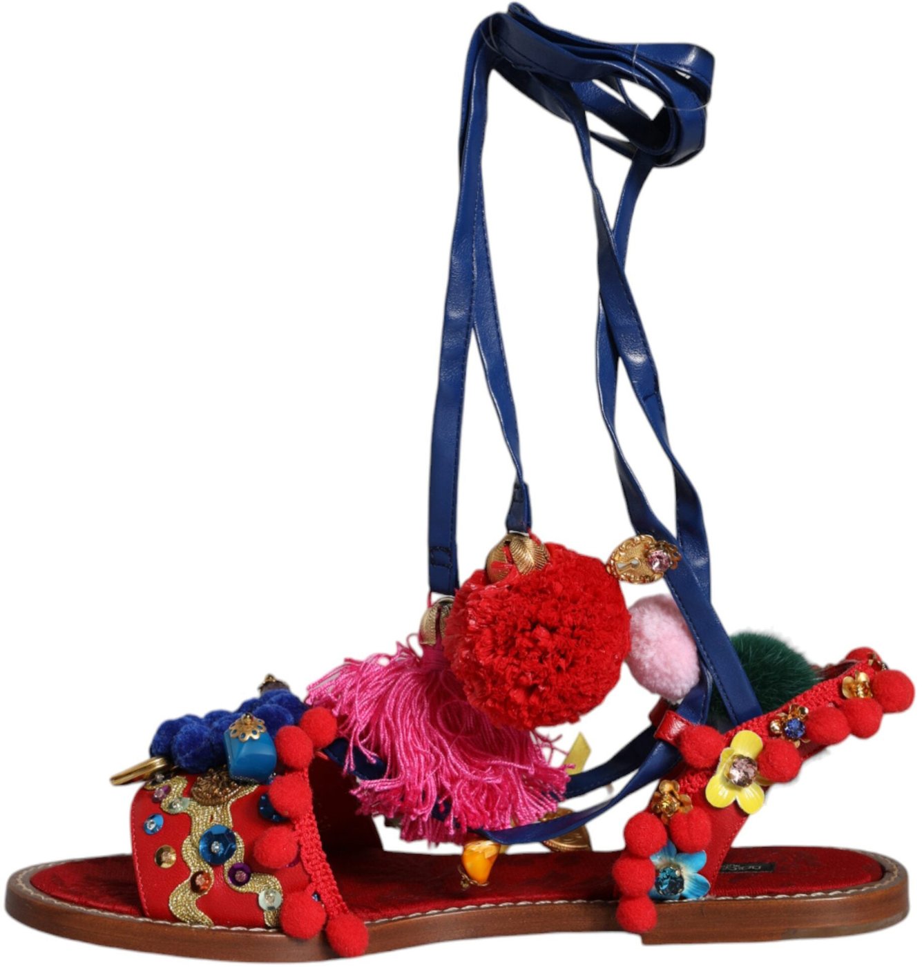 Dolce & Gabbana Multicolor Pom Pom Fur Wrap Sandals Shoes