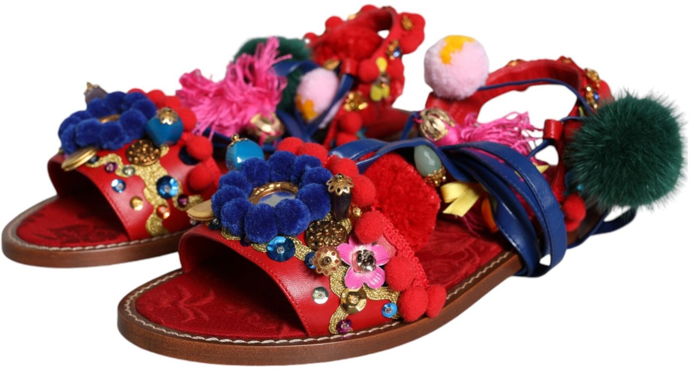 Dolce & Gabbana Multicolor Pom Pom Fur Wrap Sandals Shoes