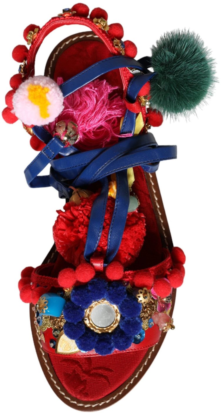 Dolce & Gabbana Multicolor Pom Pom Fur Wrap Sandals Shoes