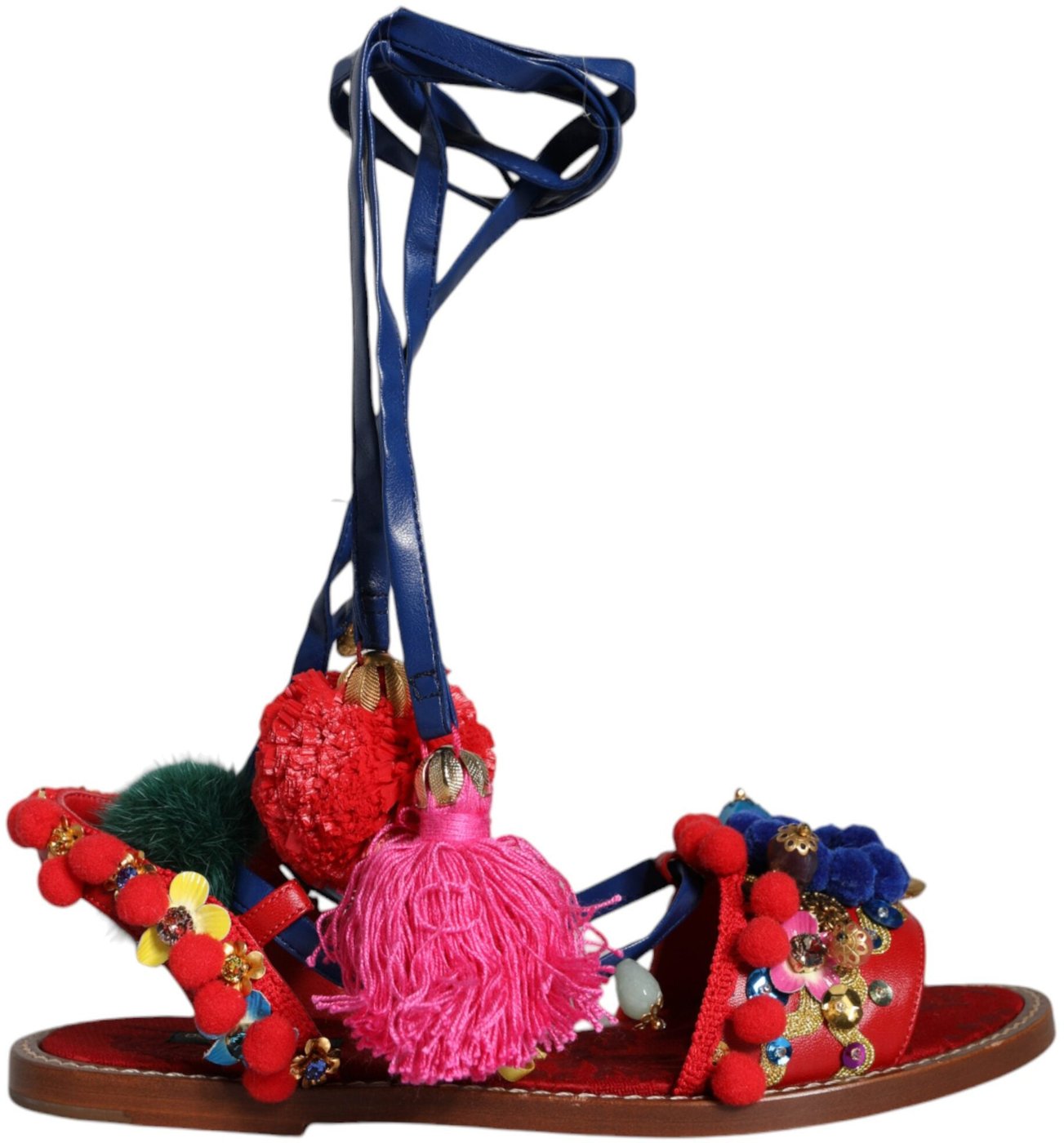 Dolce & Gabbana Multicolor Pom Pom Fur Wrap Sandals Shoes