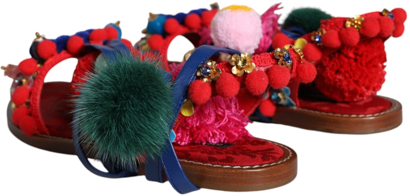 Dolce & Gabbana Multicolor Pom Pom Fur Wrap Sandals Shoes