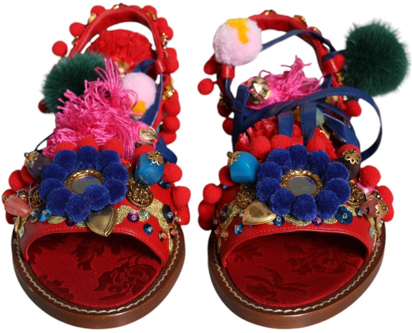 Dolce & Gabbana Multicolor Pom Pom Fur Wrap Sandals Shoes