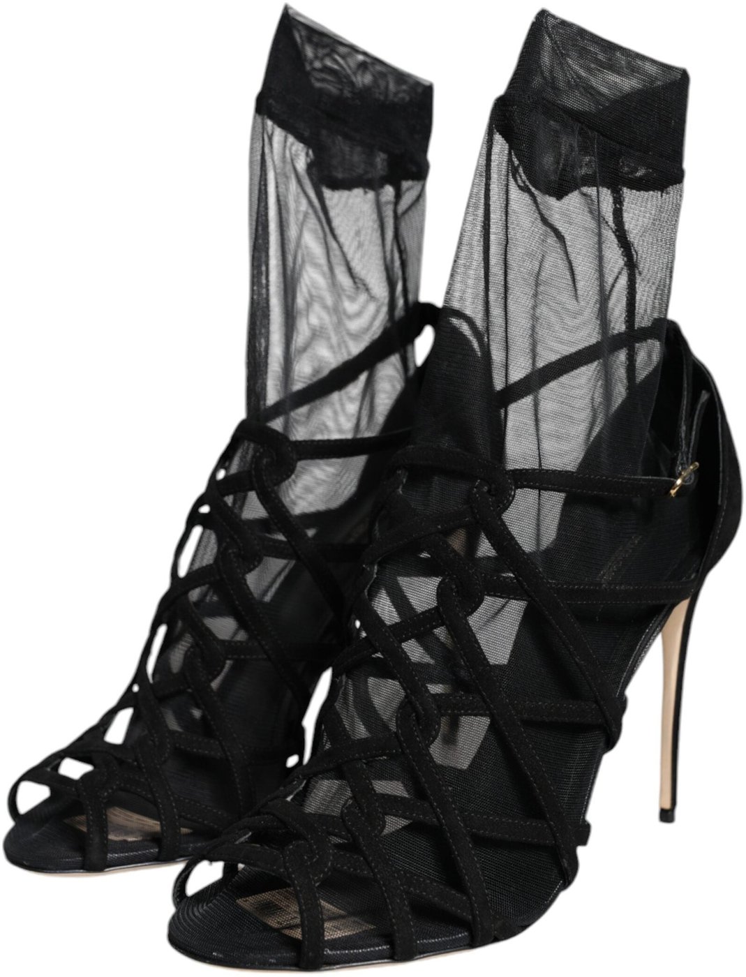 Dolce & Gabbana Black Tulle Stretch Heels Sandals Shoes