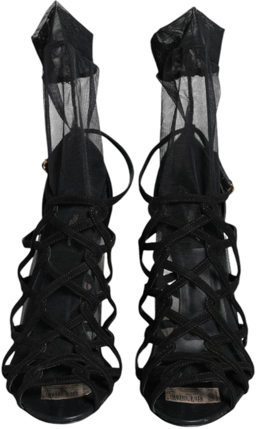 Dolce & Gabbana Black Tulle Stretch Heels Sandals Shoes