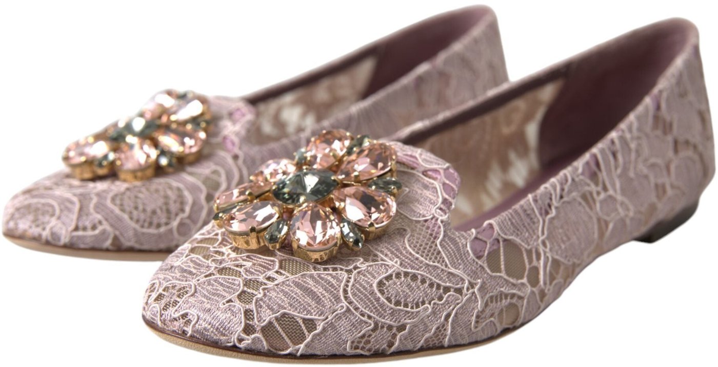 Dolce & Gabbana Pink Lace Crystal Ballet Flats Loafers Shoes