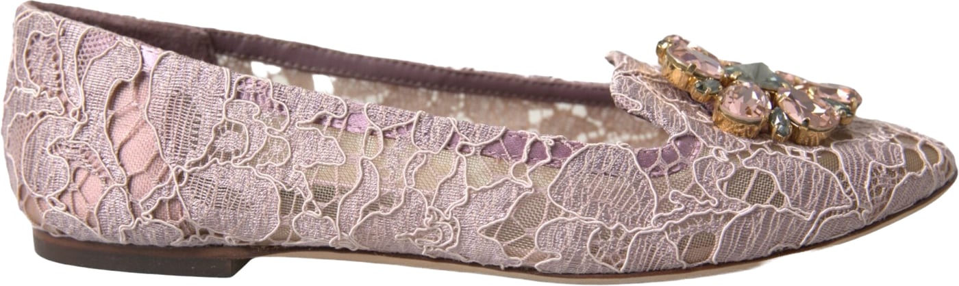Dolce & Gabbana Pink Lace Crystal Ballet Flats Loafers Shoes