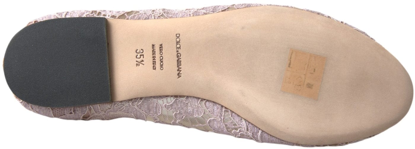 Dolce & Gabbana Pink Lace Crystal Ballet Flats Loafers Shoes