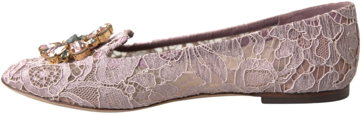 Dolce & Gabbana Pink Lace Crystal Ballet Flats Loafers Shoes