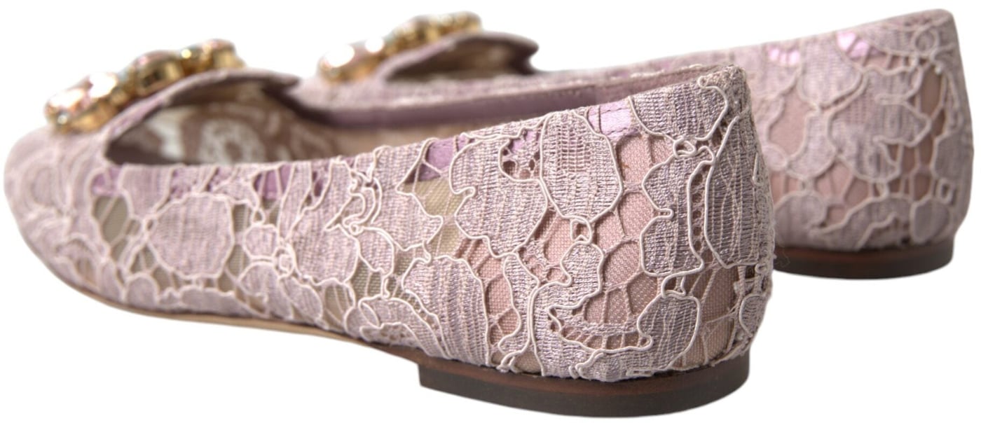 Dolce & Gabbana Pink Lace Crystal Ballet Flats Loafers Shoes