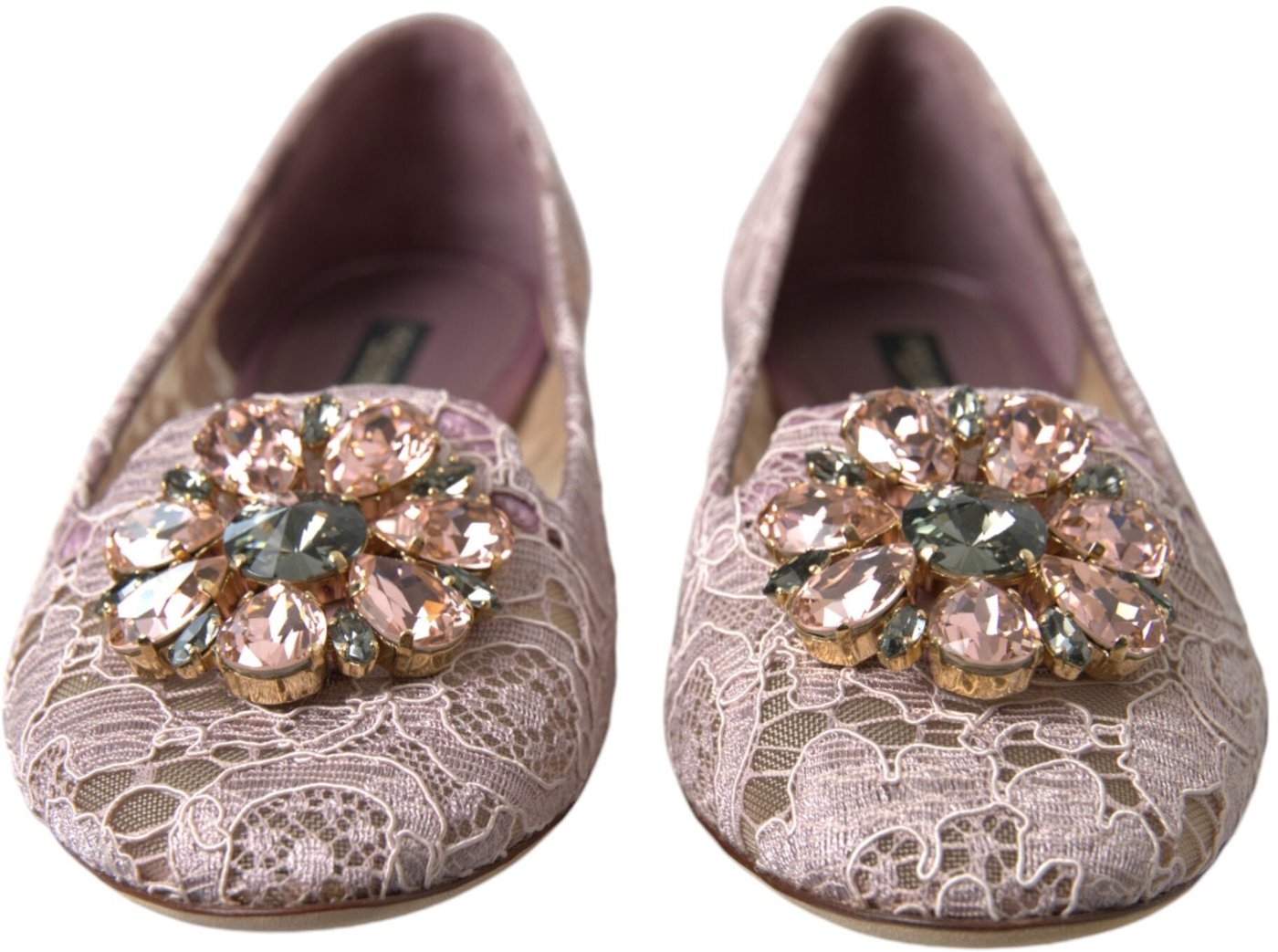 Dolce & Gabbana Pink Lace Crystal Ballet Flats Loafers Shoes