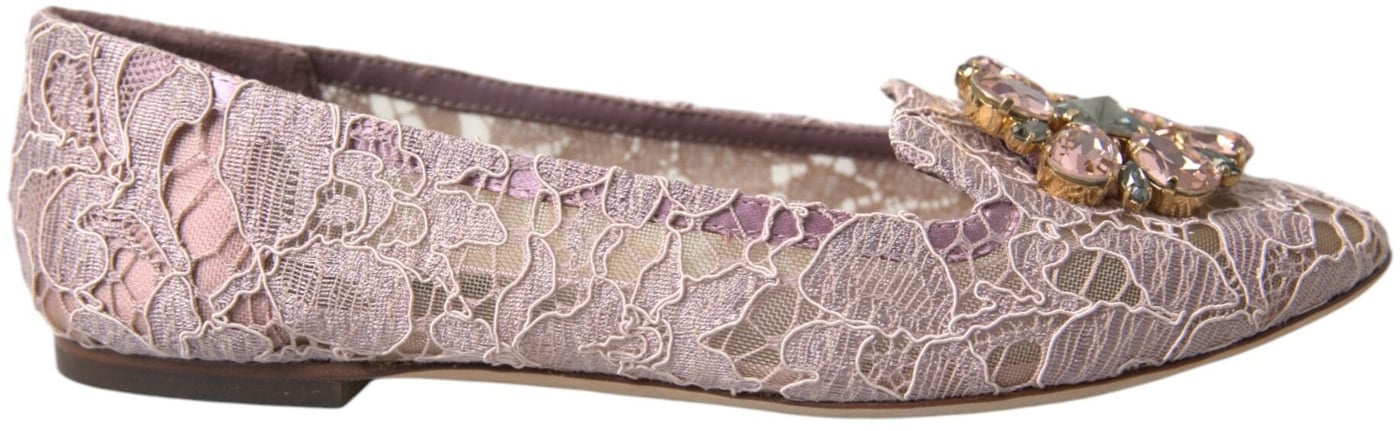 Dolce & Gabbana Pink Lace Crystal Ballet Flats Loafers Shoes