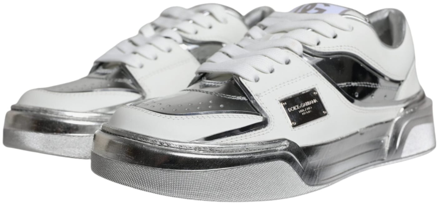 Dolce & Gabbana White Silver Leather Low Top Sneakers Shoes