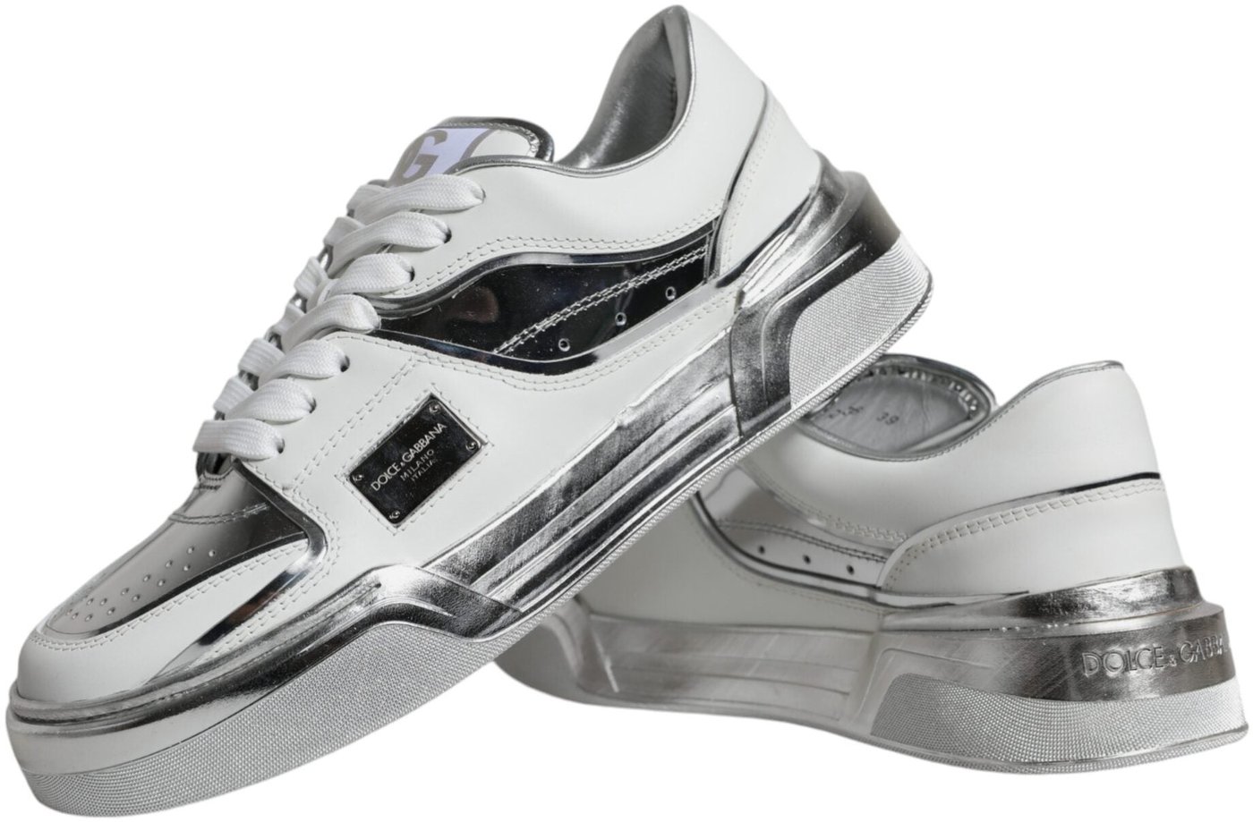 Dolce & Gabbana White Silver Leather Low Top Sneakers Shoes