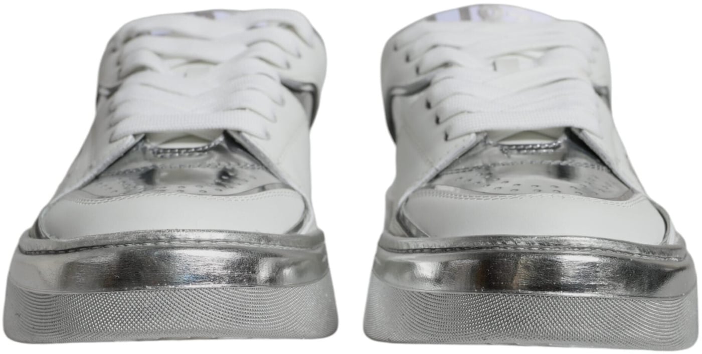 Dolce & Gabbana White Silver Leather Low Top Sneakers Shoes