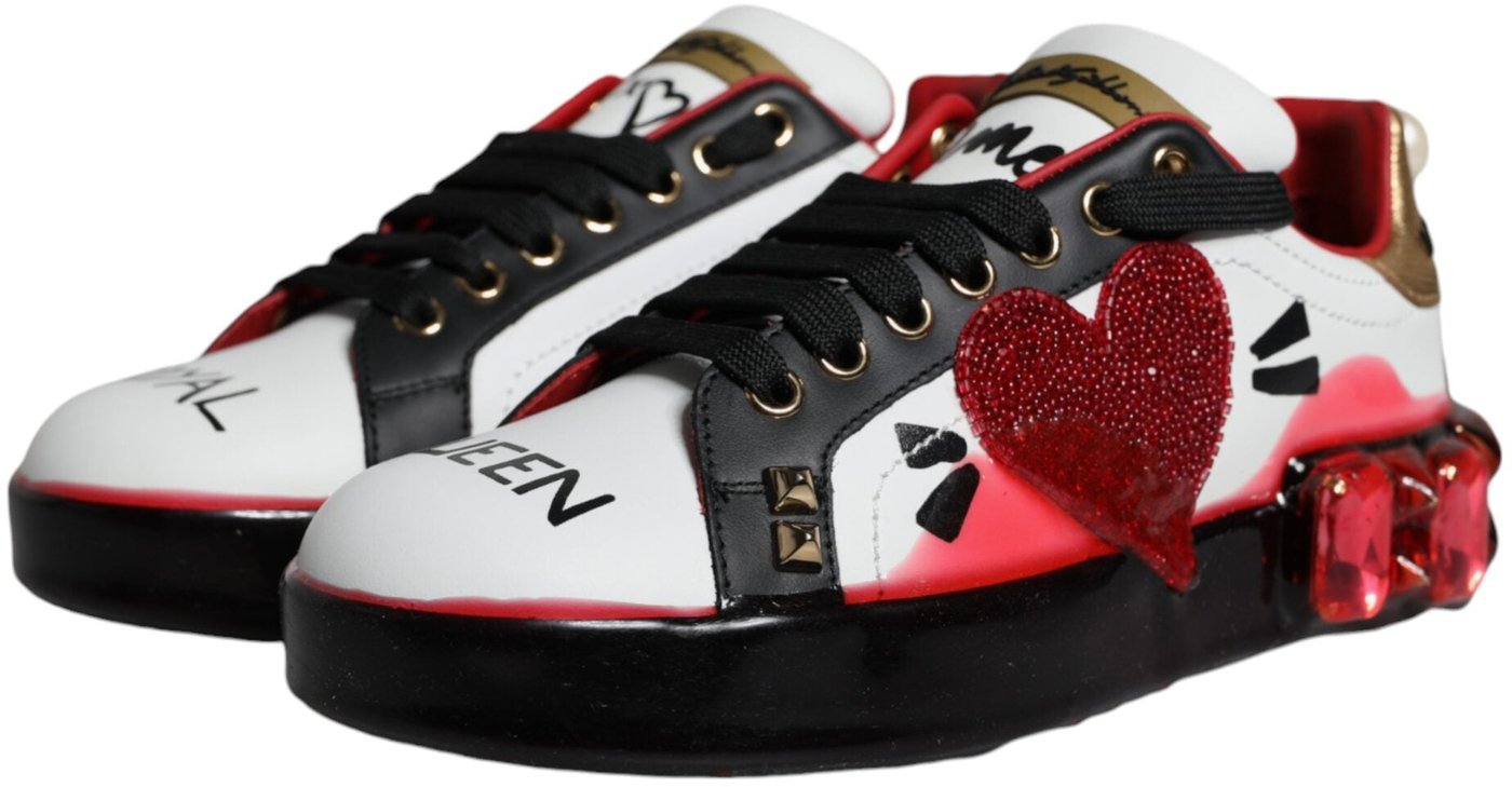 Dolce & Gabbana White Red Crystals Leather Portofino Sneakers Shoes