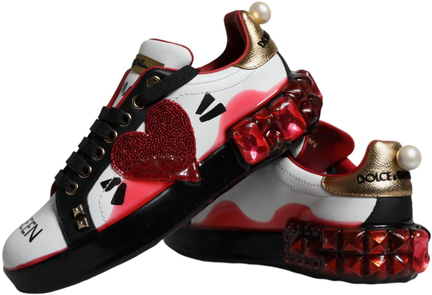 Dolce & Gabbana White Red Crystals Leather Portofino Sneakers Shoes