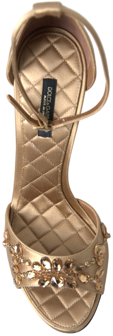 Dolce & Gabbana Gold Satin Ankle Strap Crystal Sandals Shoes