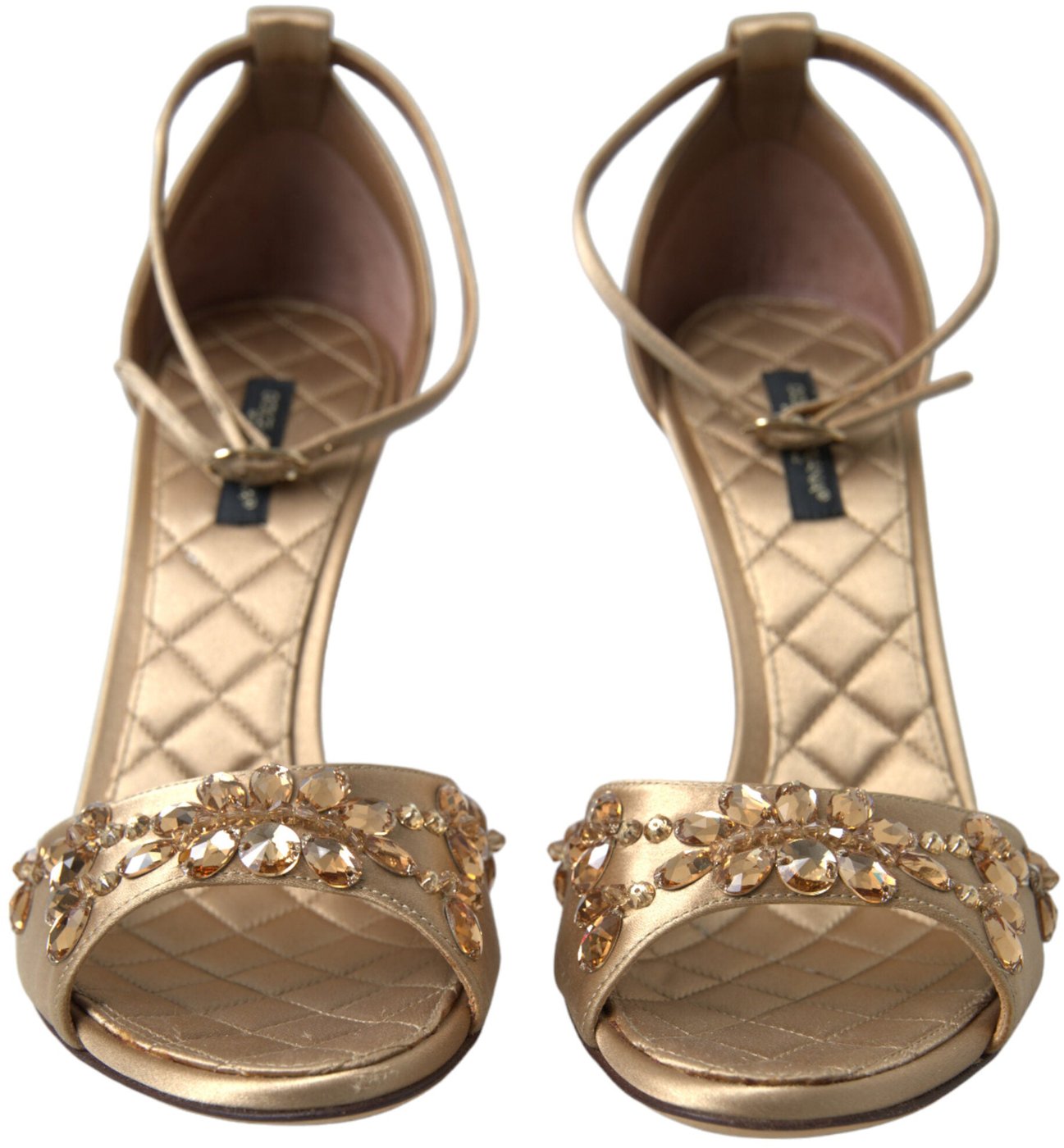 Dolce & Gabbana Gold Satin Ankle Strap Crystal Sandals Shoes