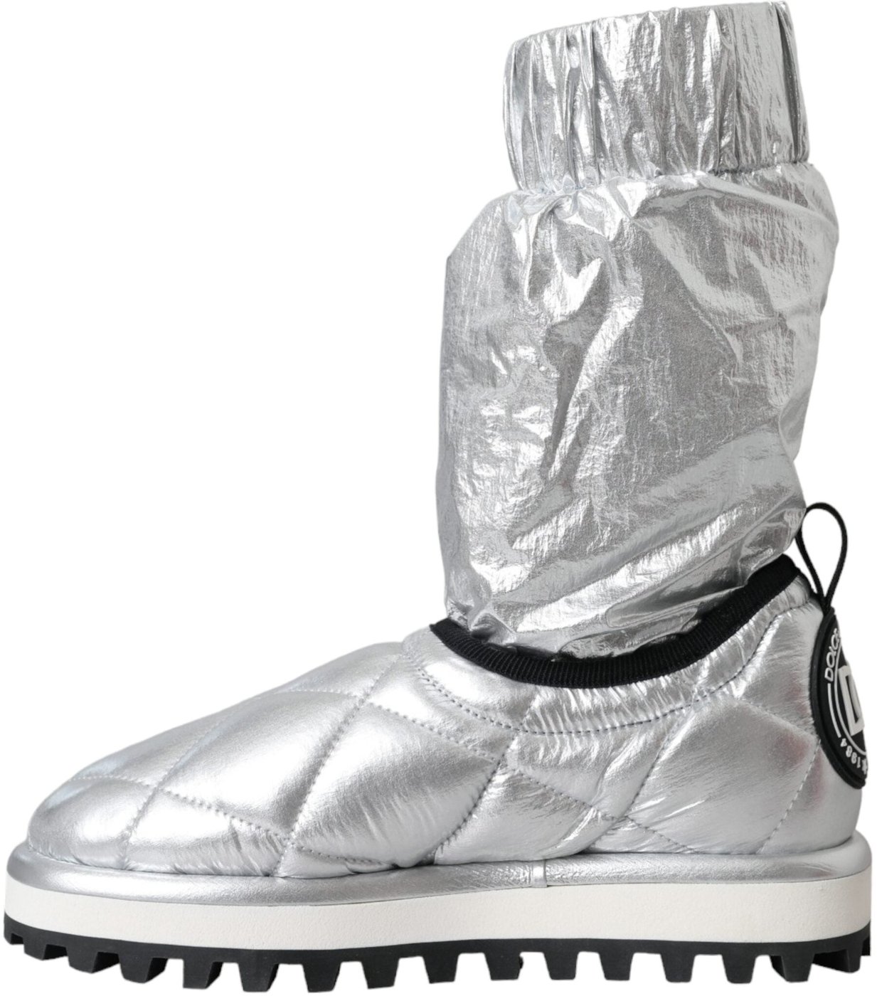 Dolce & Gabbana Metallic Silver Quilted Logo Patch Boot Shoes