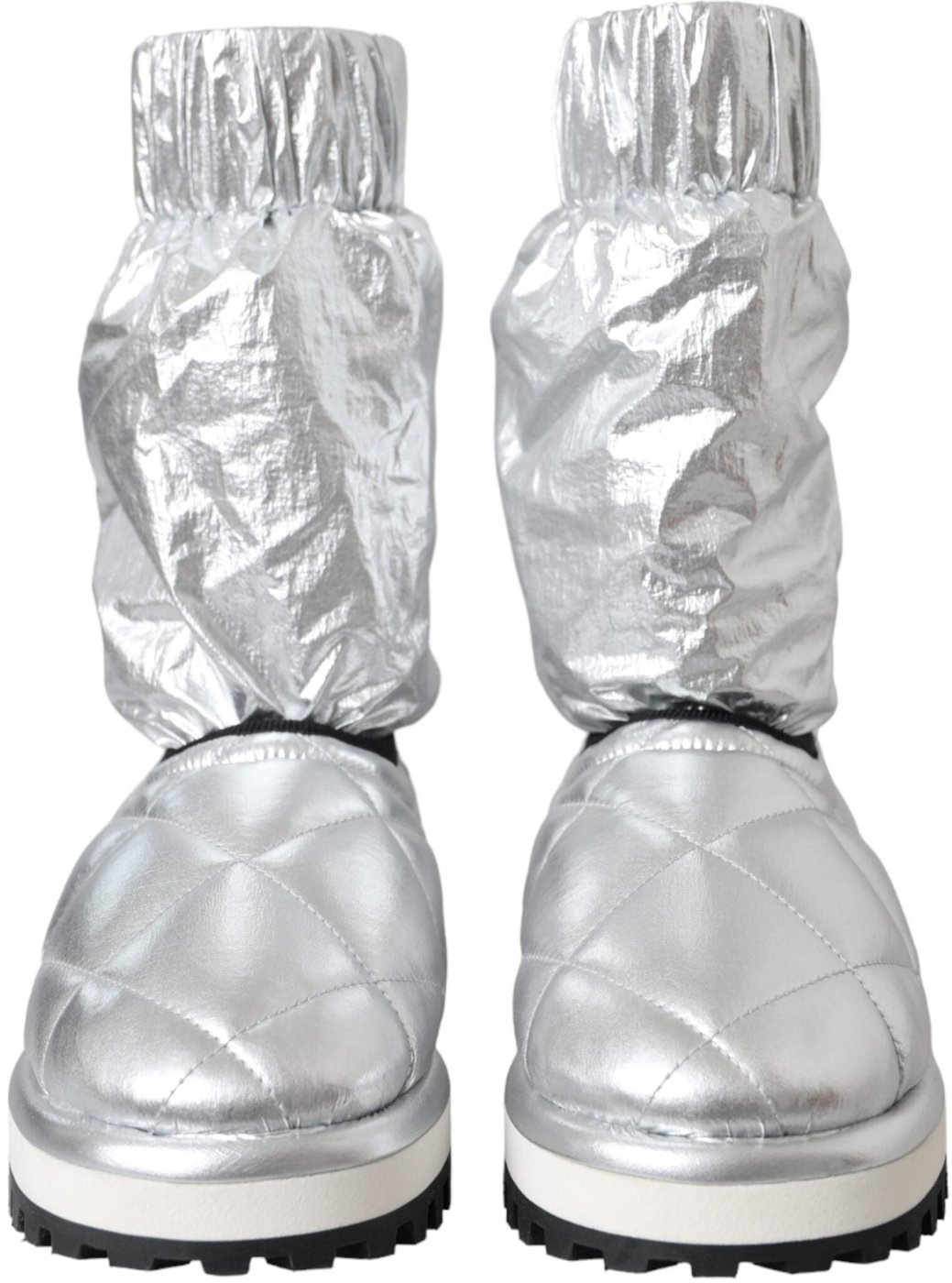 Dolce & Gabbana Metallic Silver Quilted Logo Patch Boot Shoes