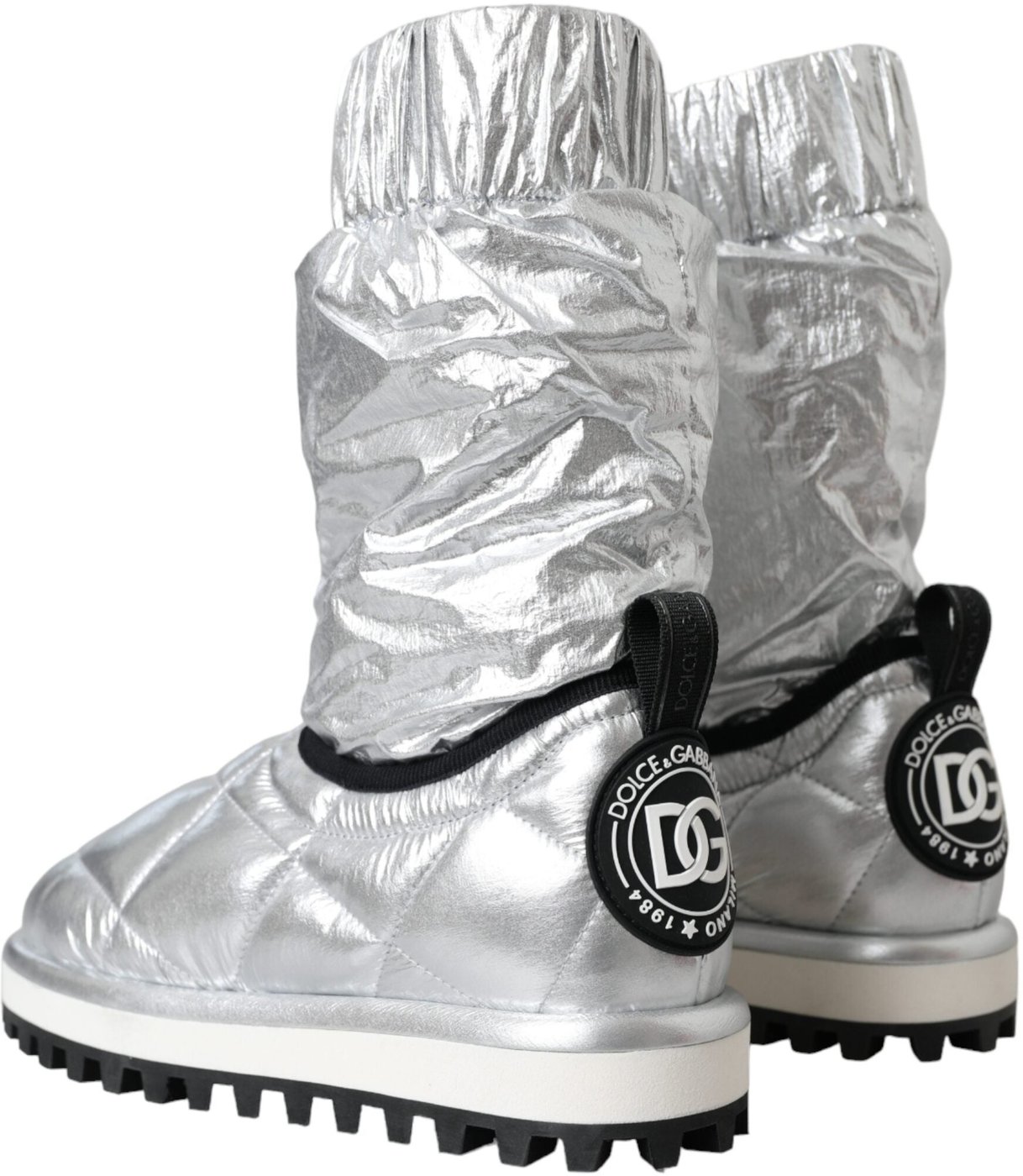Dolce & Gabbana Metallic Silver Quilted Logo Patch Boot Shoes