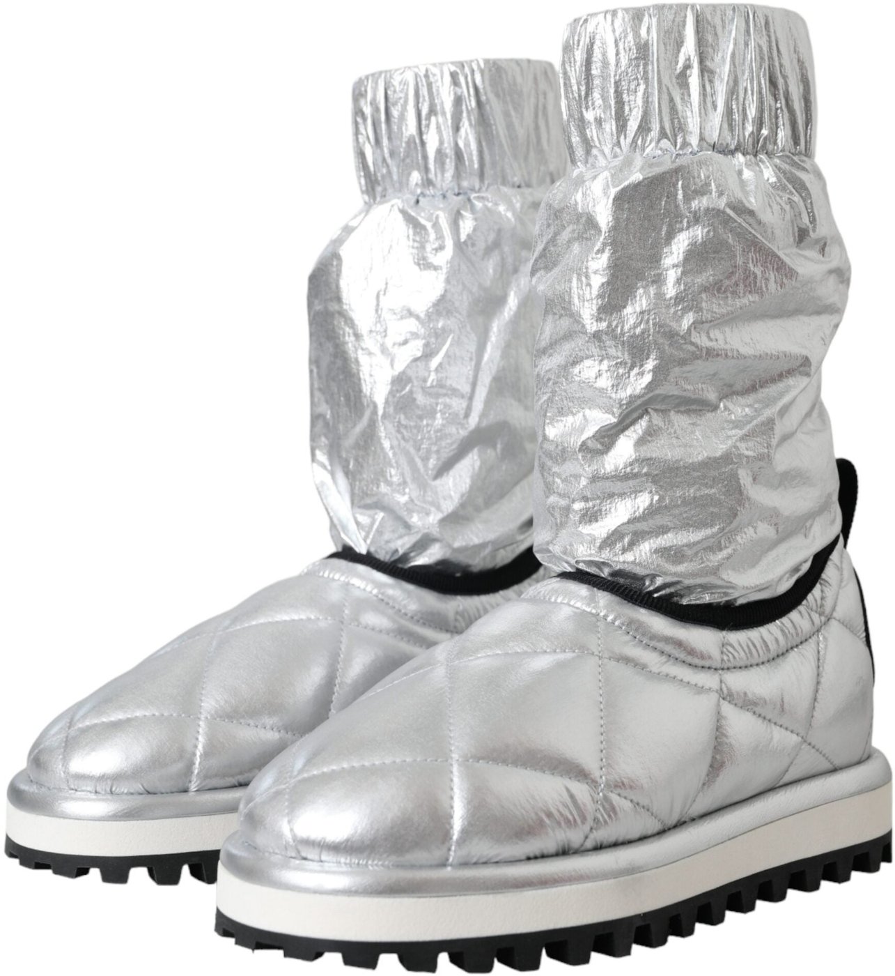 Dolce & Gabbana Metallic Silver Quilted Logo Patch Boot Shoes