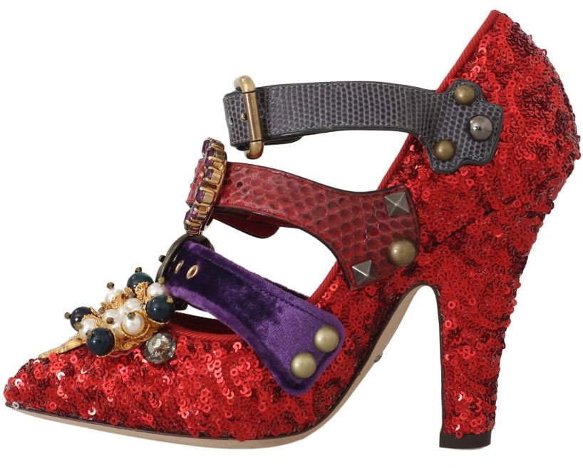 Dolce & Gabbana Red Sequined Crystal Studs Heels Shoes