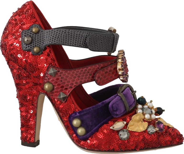 Dolce & Gabbana Red Sequined Crystal Studs Heels Shoes