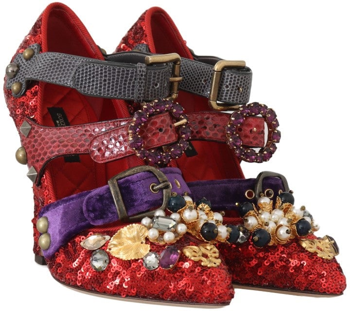 Dolce & Gabbana Red Sequined Crystal Studs Heels Shoes