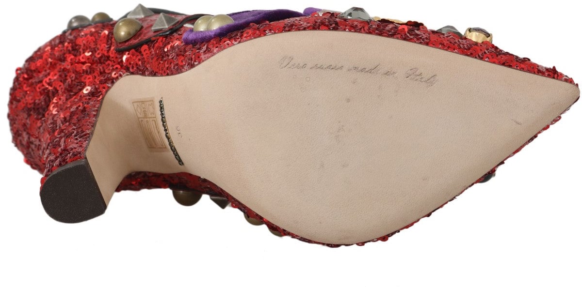 Dolce & Gabbana Red Sequined Crystal Studs Heels Shoes