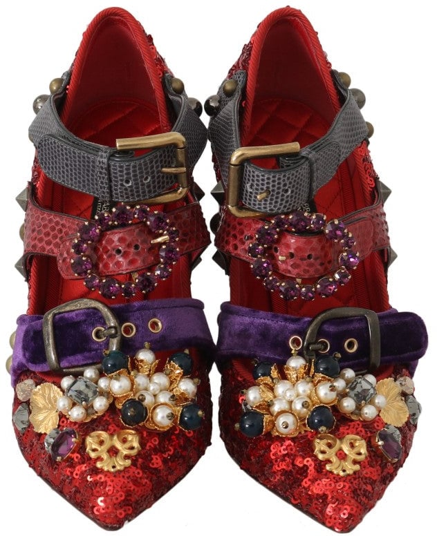 Dolce & Gabbana Red Sequined Crystal Studs Heels Shoes