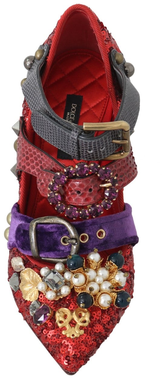 Dolce & Gabbana Red Sequined Crystal Studs Heels Shoes