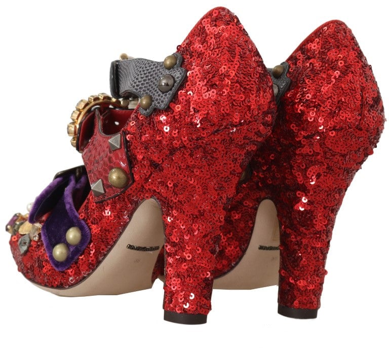 Dolce & Gabbana Red Sequined Crystal Studs Heels Shoes